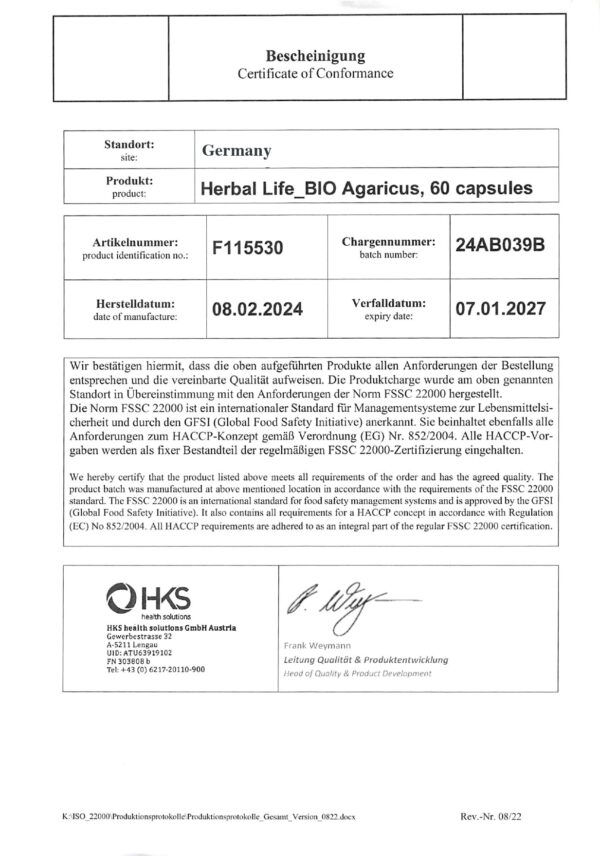Extrakt z huby BIO Agaricus - certifikát