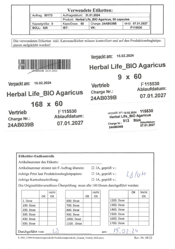 Extrakt z huby BIO Agaricus - etiketa